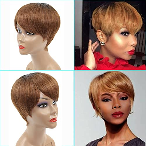 Short Hair Wig With Bangs Brown Wigs For Black Women Human Hair Pixie Wigs Straight Short Ombre Wig Brazilian Virgin Layered Cut Wigs Non Lace Front Full Wigs
