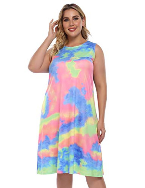 AMZ PLUS Womens Tie Dye Dress Plus Size Casual Boho Sundress Summer Sleeveless Dresses Tie Dye Blue Pink 2XL