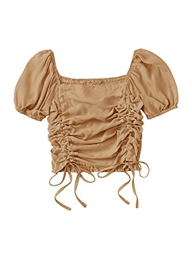 SheIn Women's Puff Short Sleeve Square Neck Shirred Drawstring Crop Blouse Top Brown Large