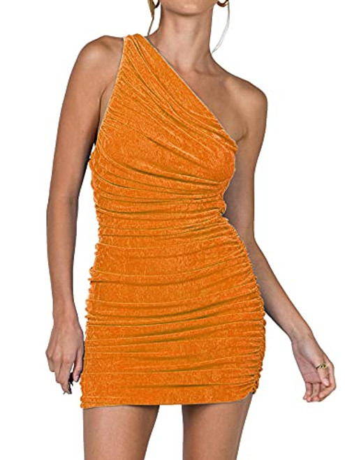 LYANER Women's Sexy One Shoulder Ruched Sleeveless Bodycon Mini Short Dress Orange Large