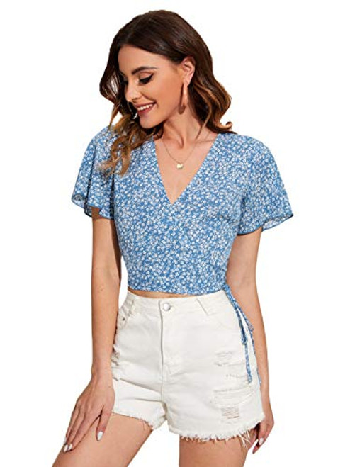 SOLY HUX Women's Ditsy Floral Wrap Tie Side Short Sleeve Blouse V Neck Crop Top Blue Flower L SOLY HUX Women's Ditsy Floral Wrap Tie Side Short Sleeve Blouse V Neck Crop Top Blue Flower L