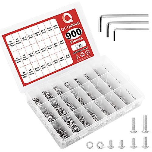 QCQIANG 900Pcs M3 M4 M5 Stainless Steel Hex Button Socket Head Cap Screws Bolts Nuts Washers Assortment Kit