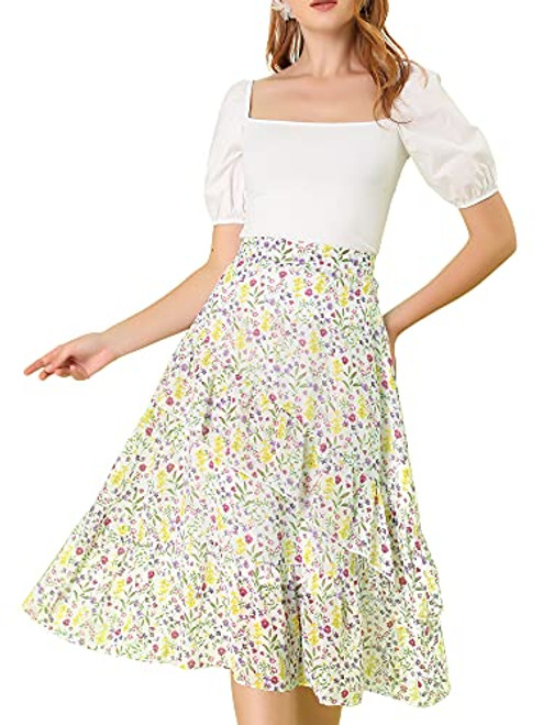 Allegra K Women's Floral A-Line Elastic Back Ruffle Hem Tiered Flowy Midi Skirt X-Small White