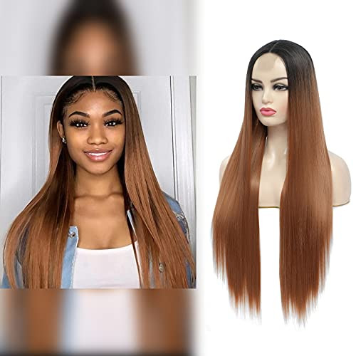 Long Straight Brown Lace Wigs for Women Ombre Brown Synthetic Middle Part Fully Heat Resistant Wig for Daily Party Use 28 Inches