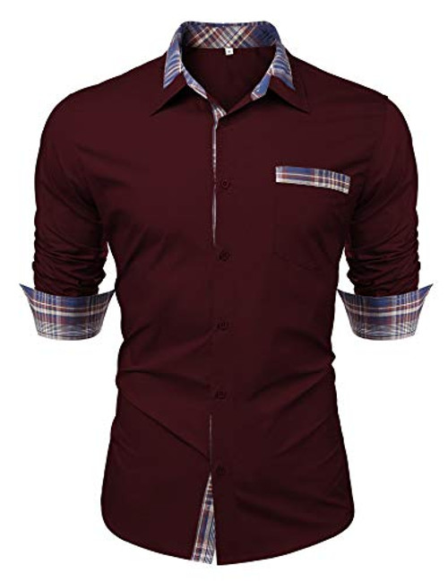 LecGee Men's Plaid Collar Cotton Casual Long Sleeve Button Down Regular Fit Dress Shirt with Pocket Wine Red LecGee Men's Plaid Collar Cotton Casual Long Sleeve Button Down Regular Fit Dress Shirt with Pocket Wine Red