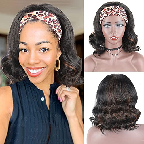 LEOSA Headband Wig Bob Black Mixed Brown Headbands for Wigs Short Wavy Bob Synthetic Headbands Wigs Curly Wigs with Headbands Attached Natural Hair Head Band Wig