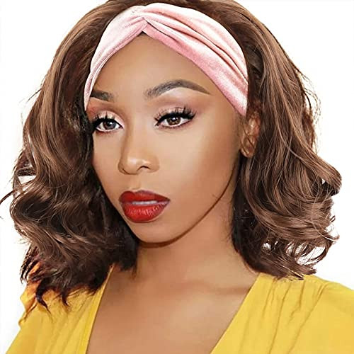 LEOSA Brown Headband Wig Bob Synthetic Wavy Wigs for Black Women Short Wavy Bob Headbands Wigs Curly Wigs with Headbands Attached Natural Hair Head Band Wig 12inches Curly Headband Wigs