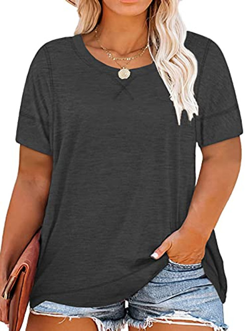 ROSRISS Womens Plus Size Summer Tops 2X Short Sleeve Casual Loose Solid Color T Shirts Blouses Dark Grey 18W