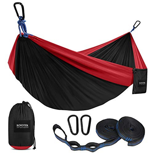 Kootek Camping Hammock Double  and  Single Portable Hammocks with 2 Tree Straps, Lightweight Nylon Parachute Hammocks for Backpacking, Travel, Beach, Backyard, Patio, Hiking -Black  and  Red, Small-
