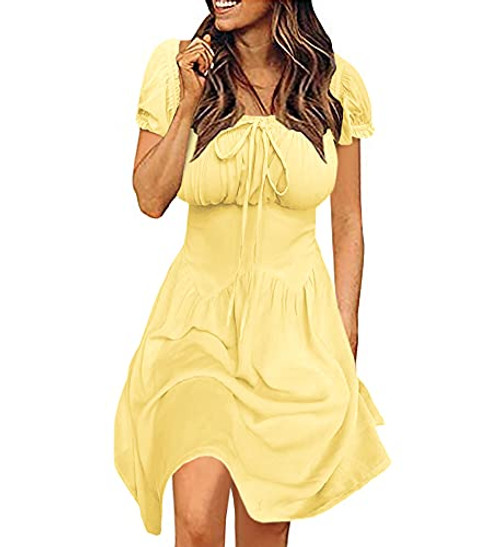 Women Fashion Casual Scoop Neck Solid Dress Elegant Short Sleeve Summer Knee Length Dress Yellow Women Fashion Casual Scoop Neck Solid Dress Elegant Short Sleeve Summer Knee Length Dress Yellow