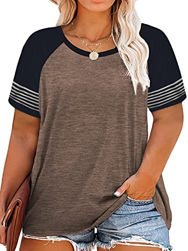 Plus Size Tops for Women 3X Short Sleeve Color Block Raglan Shirts Brown 22W