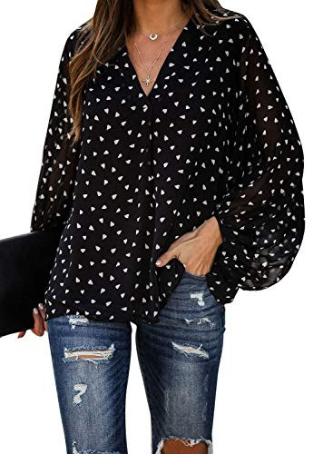 AlvaQ Womens Summer Autumn Polka Dot Loose Shirts Balloon Long Sleeve V Neck Blouses and Tops Fashion 2020 Plus Size Blacl Small