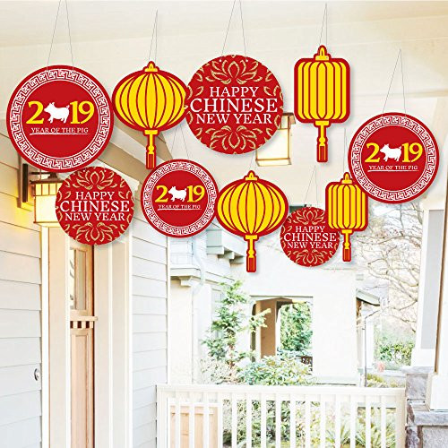 Hanging Chinese New Year - Outdoor Hanging Decor - 2019 Year of The Pig Party Decorations - 10 Pieces