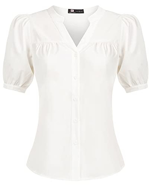 Women's Button Up Shirts Short Sleeve Blouses V Neck Casual Tunics Solid Color Tops-2XL, White-