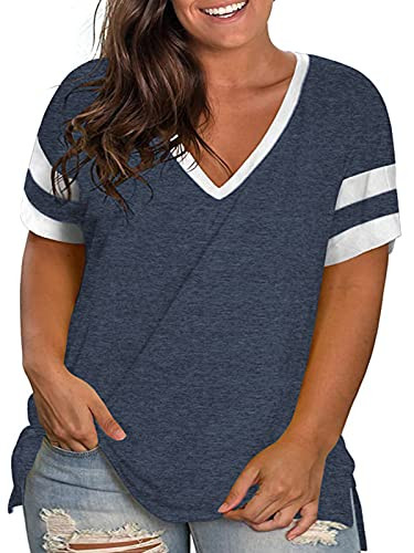 3X Shirts for Women Plus Size Casual Striped Tees V Neck Tops Navy Blue 22W