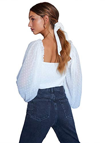 MakeMeChic Women's Swiss Dots Frill Trim Bishop Sleeve Crop Blouse White S