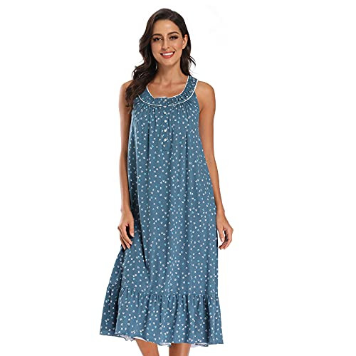 Cotton Nightgowns for Women Long Sleeveless Nightgown 100 percent Cotton Nightgowns Summer Night Gown Soft Night Gowns Ladies Nightgowns Sleep Dress Victorian Nightgown Sleepwear Printed Green Large