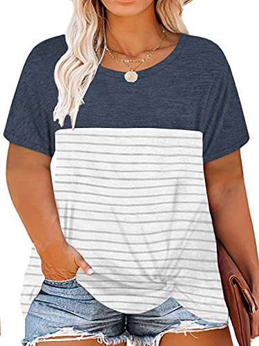 Plus Size Tops for Women 3X Casual Striped Knotted T Shirts Navy Blue 24W