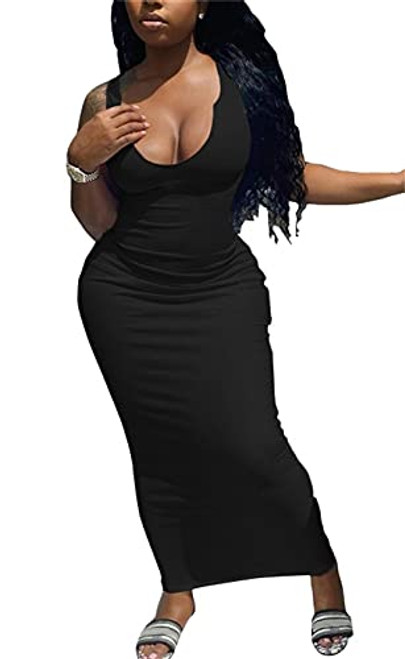 PRIMODA Womne's Sexy Deep V Bodycon Tank Maxi Dress Ribbed Sleeveless Party Nigh Out Dress-Black L- PRIMODA Womne's Sexy Deep V Bodycon Tank Maxi Dress Ribbed Sleeveless Party Nigh Out Dress-Black L-