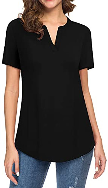 Neineiwu Women Summer Casual Split V Neckline Blouse Shirts Loose Tunic Short Sleeve Tops -Black XXL-