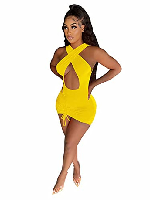 Womens Sexy Bodycon Mini Dress Criss Cross Sleeveless Ruched Side Summer Club Dresses Yellow XL Womens Sexy Bodycon Mini Dress Criss Cross Sleeveless Ruched Side Summer Club Dresses Yellow XL