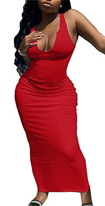 PRIMODA Womne's Sexy Deep V Bodycon Tank Maxi Dress Ribbed Sleeveless Party Nigh Out Dress-Red M- PRIMODA Womne's Sexy Deep V Bodycon Tank Maxi Dress Ribbed Sleeveless Party Nigh Out Dress-Red M-