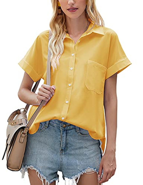 LOMON Women's Short Sleeve V Neck Blouse Solid Color Button Down Tunic Tops Shirts Yellow XL