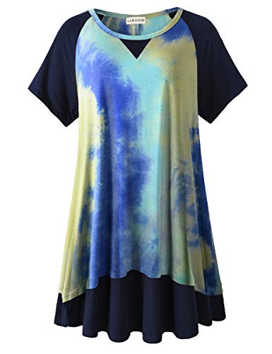 LARACE Tie Dye Shirt Casual Color Block Tops for Women Plus Size Tunic Short Sleeve Summer Blouse-T04-Blue/NavyBlue 2X-