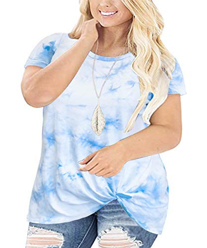 CARCOS Womens Plus Size Shirts Twist Knotted Tops for Leggings Tie Dye Short Sleeve Blouse Crewneck Casual Tees Sky Blue and White Summer Tunics Casual Loose Fit 5XL 26W
