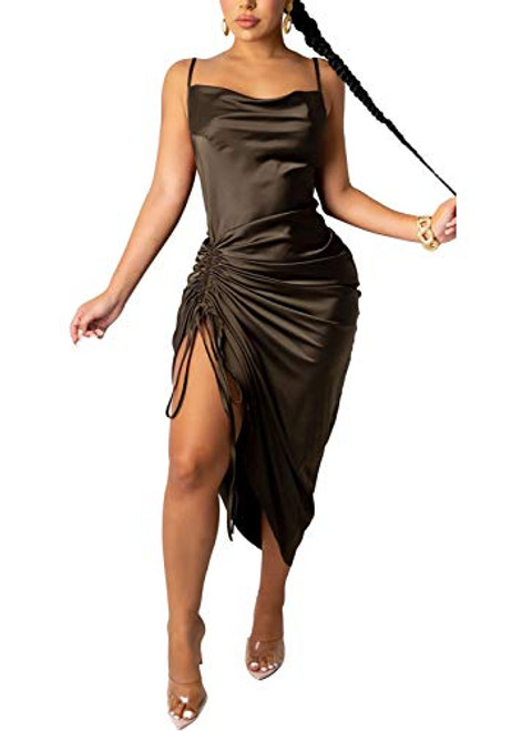 IyMoo Slip Dress Bodycon Dress - Sexy Dresses for Club Night Bodycon Dress Spaghetti Strap Drawstring Ruched Midi Club Dress Coffee