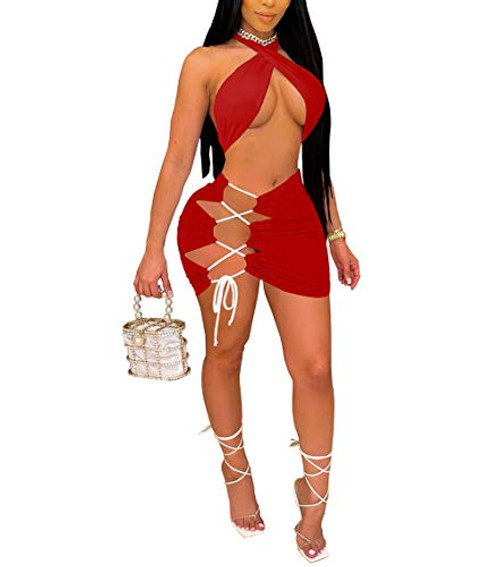 Sexy Halter Neck Sleeveless Backless Dress Bandage Cut Out Criss Cross Wrap Mini Dresses Club Party Night Streetwear
