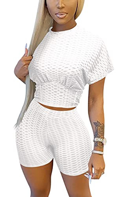 Two Piece Outfits for Women, Short Sleeve Tummy Control Crop Top and Bodycon High Waist Pant Workout Sets, Casual Tracksuit Sexy Clubwear -White, XL, x-l-