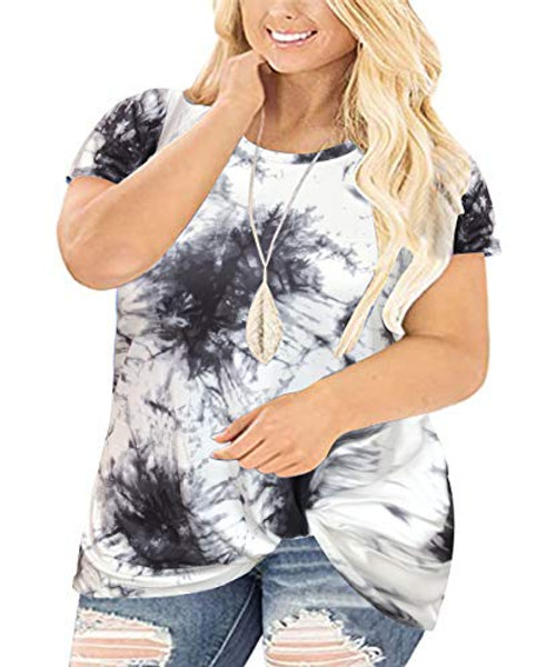 CARCOS 3X Tie Dye Plus Size Tops for Women Twist Knot Short Sleeve Summer Shirts Crewneck Blouses Casual Knotted Tees Loose Fit Tunics Black White 3XL 22W 24W