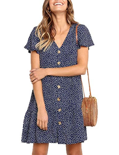 Locryz Women's Polka Dot Short Sleeve Button Up V Neck Ruffled Mini Dress Navy Blue,XXL