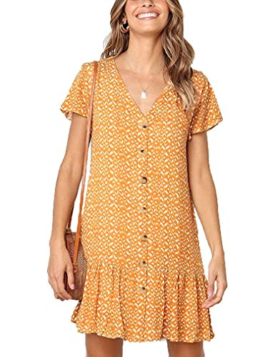 Locryz Womens Dress Casual Short Sleeve Button Dwon Ruffle Mini Dresses Yellow,L