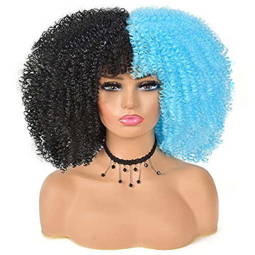 Afro Wig - Curly Wigs for Black Women Short Curly Afro Wigs with Bangs Kinky Curly Synthetic Hair Wig Shoulder Length Full Wig -black and blue- Afro Wig - Curly Wigs for Black Women Short Curly Afro Wigs with Bangs Kinky Curly Synthetic Hair Wig Shoulder Length Full Wig -black and blue-