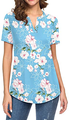 Neineiwu Women Summer Casual Split V Neck Floral Print Blouses Loose Tunic Short Sleeve Tops -YH Light Blue L-