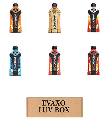 LUV BOX  VARIETY BODYARMOR ENERGY DRINKS 28 OZ BOTTLES, PACK OF 6 ,ORANGE MANGO, STRAWBERRY BANANA, FRUIT PUNCH, BERRY LEMONADE, GOLD BERRY, BLUE RASPBERRY,