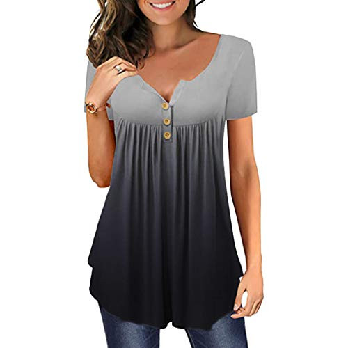 Women's Shirts Casual Blouse Short Sleeve Ruffle Button Up Tunic Tops Solid Color Fit Flare Black