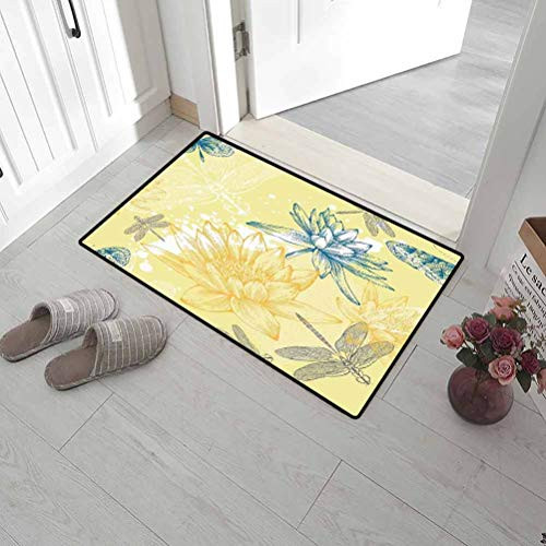 Leigh R. Avans Door Mat Dragonfly for Outdoor Entrance Boho Style Plants and Spiritual Dragonflies Sketchy Illustration 15" x 24" Yellow White Petrol Blue