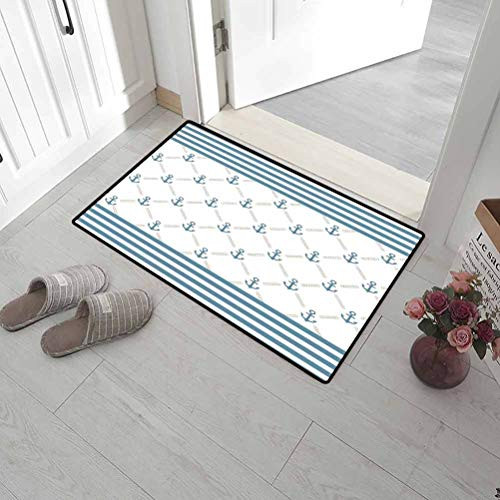 Leigh R. Avans Printed Doormat Anchor for Front Door Blue Stripes Frame with Abstract Stripes and Chain Figures Symmetrical Pattern 15" x 24" Slate Blue White