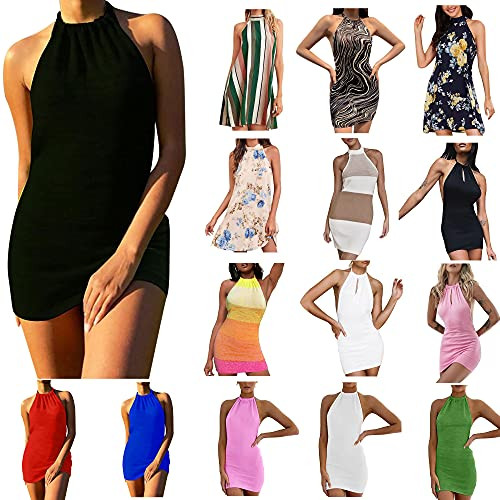 Casual Summer Dress for Women,Sleeveless Solid/Print A-Line Wrap Dress Night Club Party Bodycon Mini Halter Dress