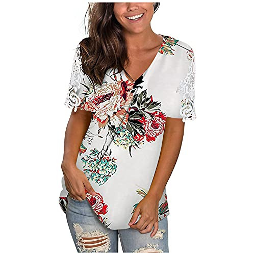 FABIURT T-Shirts for Women,Womens Short Sleeve T Shirt Cute Printed V Neck Tees Summer Casual Loose Tops Blouse Shirts Graphic Tees Womens Summer Tops Loose fit with Sleeves