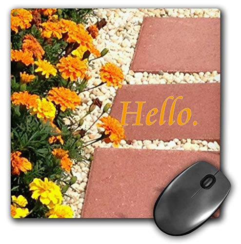 3dRose Photo of Orange Yellow Marigold Flowers and Brick Pavers Hello - Mouse Pads -mp-336342-1-