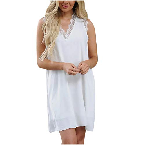 Women's V-Neck Lace Solid Dress Summer Sleeveless Strapless Mini Slip Dress Casual Loose A-Line Dresses White