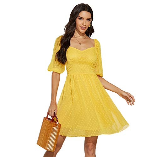 AOMEI Women's Chiffon Polka Dot Puff Sleeve A-Line Yellow Summer Dress -S-