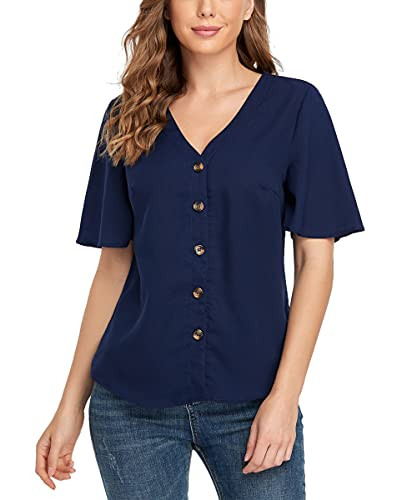 PEIQI Women's Loose Button Down Blouse Short Sleeve V Neck T Shirts Summer Casual Tops Blue Medium