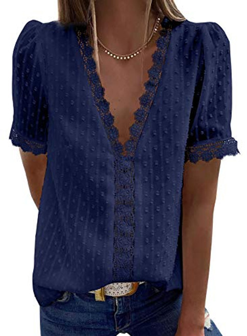 Astylish Womens Chiffon Blouse Swiss Dot Casual Short Sleeve V Neck Pom Pom Shirts Tops Blue Medium