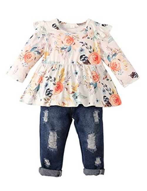Girls Clothes Kids Toddler Girl Clothes Ruffle Long Sleeve Floral Tops plus Ripped Jeans Girl Denim Pants Autumn Winter Outfits Sets 2-3T Girls Clothes Kids Toddler Girl Clothes Ruffle Long Sleeve Floral Tops plus Ripped Jeans Girl Denim Pants Autumn Winter Outfits Sets 2-3T