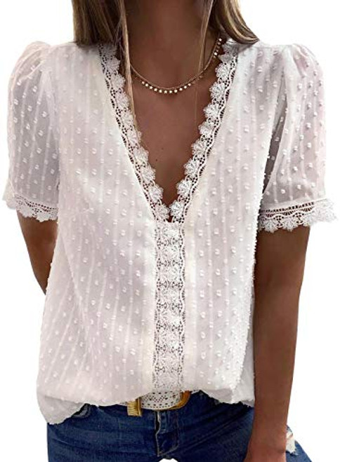 Astylish Womens Chiffon Blouse Swiss Dot Casual Short Sleeve V Neck Pom Pom Shirts Tops White Medium